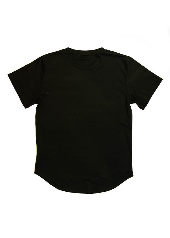A Black RWB Porsche 930 911 Turbo T-Shirt for men. Photo is a back view of the shirt with Akira Nakai's RWB Porsche 930 911 Turbo Stella Artois. Fabric composition is a polyester, and cotton mix. The material is very stretchy, soft, comfortable, and non-transparent. The style of this shirt is short sleeve, with a crewneck neckline.