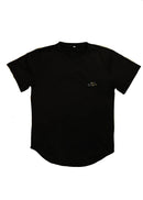 A Black RWB Porsche 930 911 Turbo T-Shirt for men. Photo is a front view of the shirt with Akira Nakai's RWB Porsche 930 911 Turbo Stella Artois. Fabric composition is a polyester, and cotton mix. The material is very stretchy, soft, comfortable, and non-transparent. The style of this shirt is short sleeve, with a crewneck neckline.