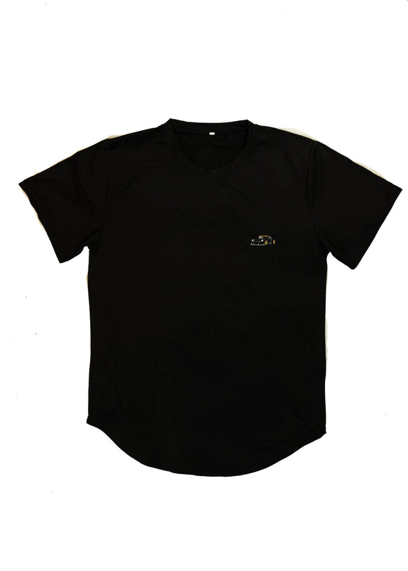 A Black RWB Porsche 930 911 Turbo T-Shirt for men. Photo is a front view of the shirt with Akira Nakai's RWB Porsche 930 911 Turbo Stella Artois. Fabric composition is a polyester, and cotton mix. The material is very stretchy, soft, comfortable, and non-transparent. The style of this shirt is short sleeve, with a crewneck neckline.
