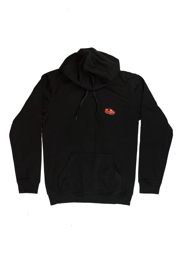 A black Volvo unisex hoodie for men and women. Photo is a front view of the sweater with an embroidered Volvo 850R. Fabric composition is cotton, polyester, and rayon. The material is very soft, stretchy, and non-transparent. The style of this hoodie is long sleeve, crewneck with a hood, hooded, with embroidery on the left chest.