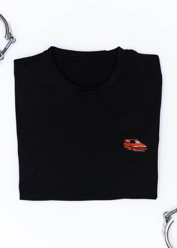 A black Volvo t-shirt for men. Photo is a close up view of the shirt with an embroidered red 850R. Fabric composition is a polyester, and cotton mix. The material is very soft, stretchy, non-transparent. The style of this shirt is short sleeve, with a crewneck neckline.