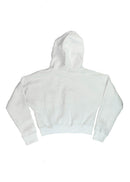 A white Volvo cropped hoodie for women. Photo is a back view of the cropped sweater with an embroidered 850R. Fabric composition is 100% cotton. The material is soft, comfortable, breathable, and non-transparent. The style of this crop hoodie is long sleeve, crewneck with a hood, hooded, with embroidery on the chest.