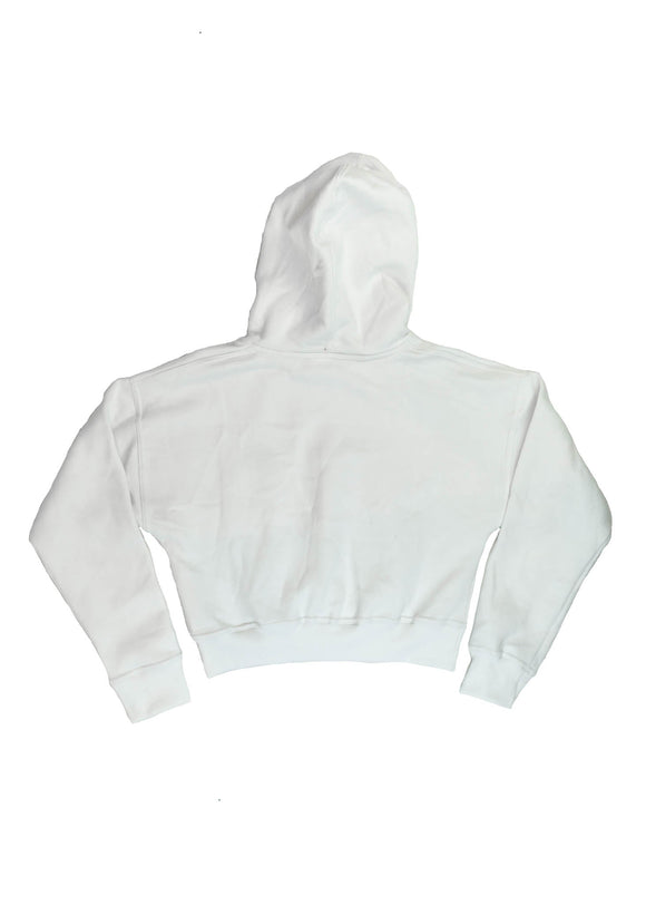 A white Volvo cropped hoodie for women. Photo is a back view of the cropped sweater with an embroidered 850R. Fabric composition is 100% cotton. The material is soft, comfortable, breathable, and non-transparent. The style of this crop hoodie is long sleeve, crewneck with a hood, hooded, with embroidery on the chest.