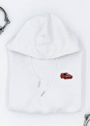 A white Volvo cropped hoodie for women. Photo is a close up view of the cropped sweater with an embroidered 850R. Fabric composition is 100% cotton. The material is soft, comfortable, breathable, and non-transparent. The style of this crop hoodie is long sleeve, crewneck with a hood, hooded, with embroidery on the chest.