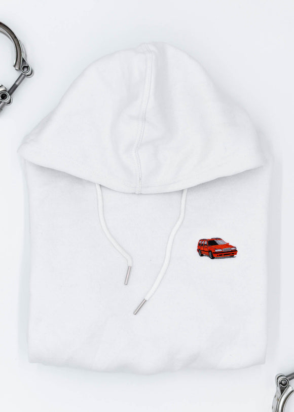 A white Volvo cropped hoodie for women. Photo is a close up view of the cropped sweater with an embroidered 850R. Fabric composition is 100% cotton. The material is soft, comfortable, breathable, and non-transparent. The style of this crop hoodie is long sleeve, crewneck with a hood, hooded, with embroidery on the chest.