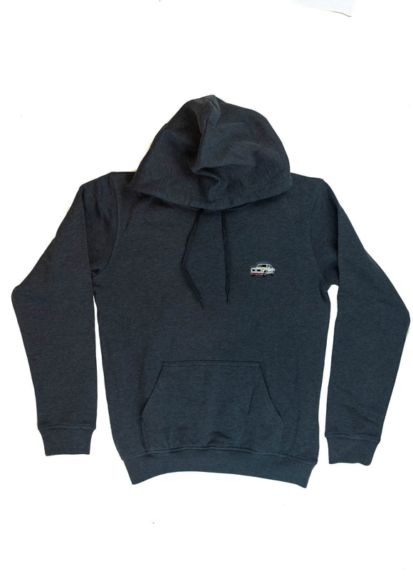 A dark blue BMW unisex hoodie for men and women. Photo is a front view of the sweater with an embroidered BMW 2002 Turbo. Fabric composition is cotton, polyester, and rayon. The material is very soft, stretchy, and non-transparent. The style of this hoodie is long sleeve, crewneck with a hood, hooded, with embroidery on the left chest.