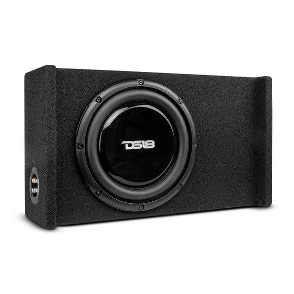 DS18 Single 10in Shallow Subwoofer and Enclosure 300 Watts RMS Downfiring Sealed Black Carpet