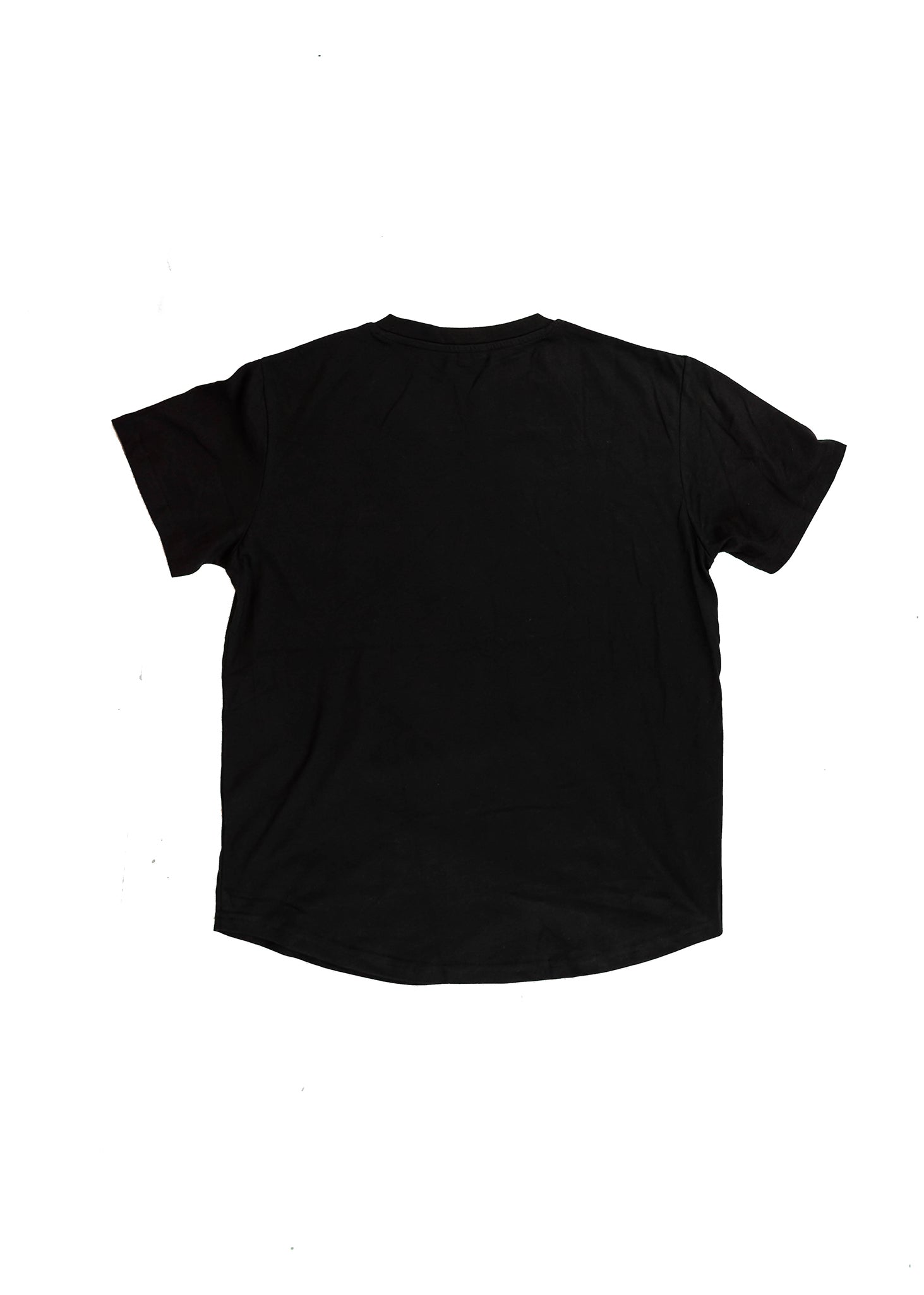 A black men's cotton t-shirt. Full size view of the back side of a black shirt with a red embroidered F40. Fabric composition of the shirt is polyester and cotton. The material is very soft, stretchy, and non-transparent. The style of this t-shirt is short sleeve, round bottom, crewneck, with embroidery on the left chest.