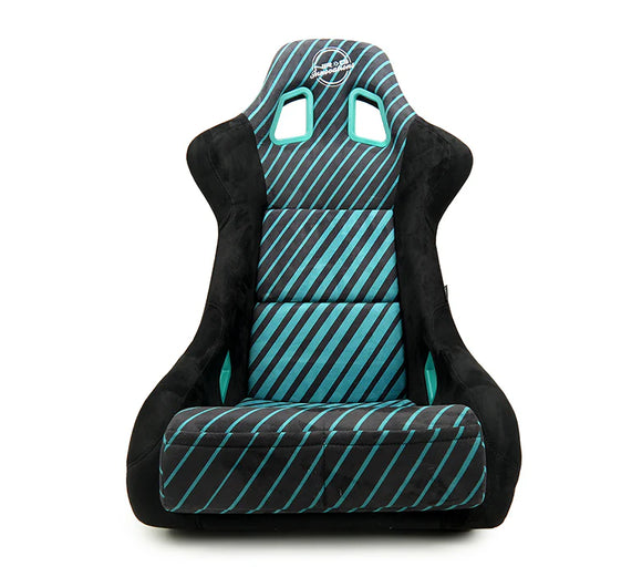 NRG FRP Bucket Seat - 20 Year Anniversary - Microfiber Black w/ Green Stripes & Arrow Design -Medium