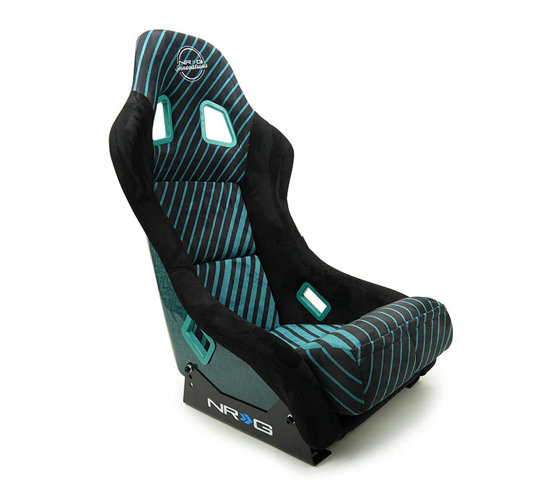 NRG FRP Bucket Seat - 20 Year Anniversary - Microfiber Black w/ Green Stripes & Arrow Design -Medium