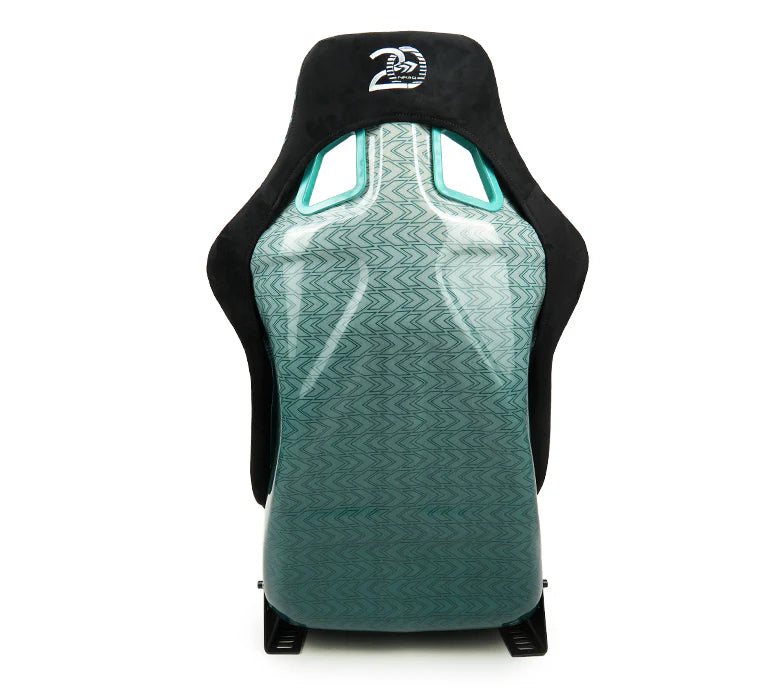 NRG FRP Bucket Seat - 20 Year Anniversary - Microfiber Black w/ Green Stripes & Arrow Design -Medium