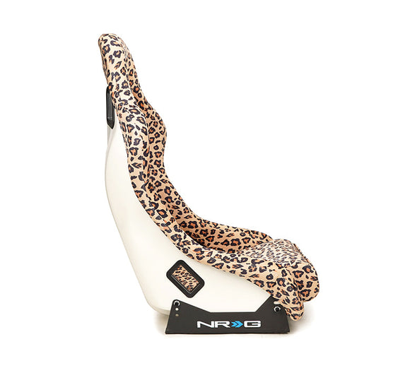 NRG FRP Bucket Seat PRISMA SAVAGE Edition White Pearlized Back Cheetah Leopard Print - Medium