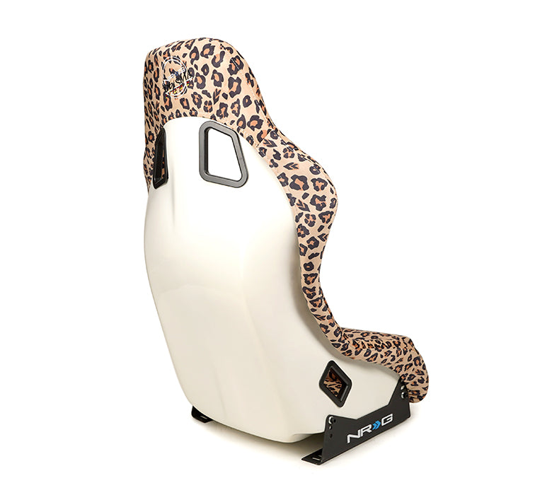 NRG FRP Bucket Seat PRISMA SAVAGE Edition White Pearlized Back Cheetah Leopard Print - Medium