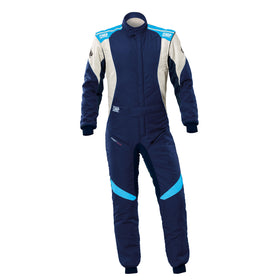 OMP FIRST EVO OVERALL my2025 FIA 8856-2018/SFI NAVY BLUE / CYAN SZ 46