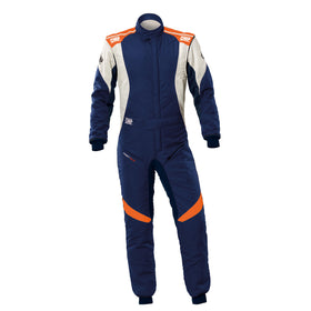 OMP FIRST EVO OVERALL my2025 FIA 8856-2018/SFI NAVY BLUE / FLUO ORANGE SZ 50