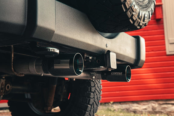 Corsa 07-18 Jeep Wrangler JKU 3.6L/3.8L 2.75in Sport Cat-Back Exhaust w/ 4in American Flag BlacTips