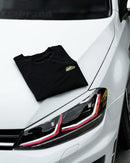 Mk1 Golf/Rabbit t-shirt on a Mk7.5 Golf R hood.