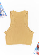 A khaki Audi crop top for women. Photo is a blank canvas back view of the top with an embroidered black Audi B5 RS4. Fabric composition is polyester, and elastine. The material is stretchy, ribbed, and non-transparent. The style of this shirt is sleeveless, with a crewneck neckline.