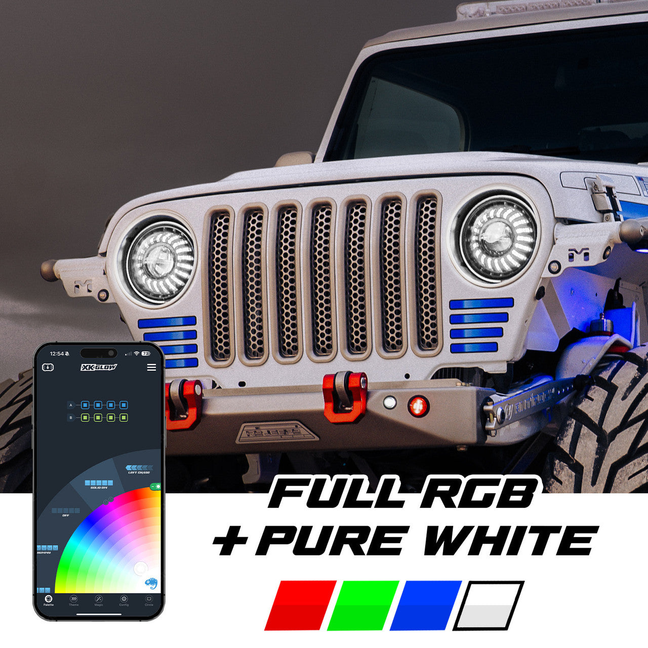 XK Glow 07-18 Jeep Wrangler JK 7in Headlight XKmax RGBW LED 2pc XKchrome Bluetooth App Cntl Kit