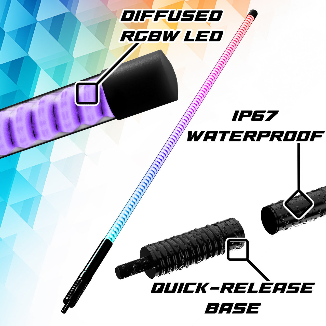 XK Glow 2x 48  XKmax RGBW Advanced App Control LED Whip Light Kit for 4x4 Offroad UTV ATV - 0
