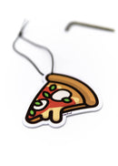 A pizzabrand margherita pizza air freshener. Photo is a close up of the car air freshener with string.