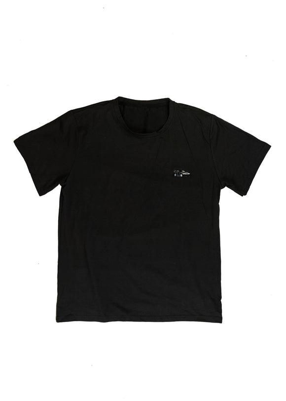 A black Mercedes-Benz t-shirt for men. Photo is a front view of the shirt with an embroidered black W201 190E Evo II. Fabric composition is a polyester. The material is very soft, stretchy, non-transparent. The style of this shirt is short sleeve, with a crewneck neckline.
