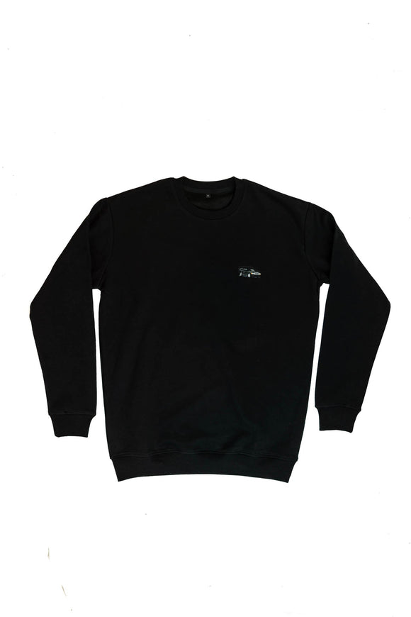 A black Mercedes-Benz crewneck sweater for men. Photo is the front of the sweater with an embroidered Mercedes-Benz W201 190E 2.5-16 Evo II. Fabric is composed of high quality 80% cotton, and 20% polyester and fits to size. The style is long sleeve, crew neck, and embroidery on left chest.