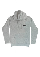 A grey Mercedes-Benz unisex hoodie for men and women. Photo is a front view of the sweater with an embroidered Mercedes-Benz W201 190E 2.5-16 Evo II. Fabric composition is cotton, polyester, and rayon. The material is very soft, stretchy, and non-transparent. The style of this hoodie is long sleeve, crewneck with a hood, hooded, with embroidery on the left chest.