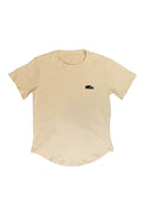 A khaki Mercedes-Benz t-shirt for men. Photo is the front view of the shirt with an embroidered black W201 190E 2.5-16 Evo II. Fabric composition is a polyester, and cotton mix. The material is very soft, stretchy, non-transparent. The style of this shirt is short sleeve, with a crewneck neckline.