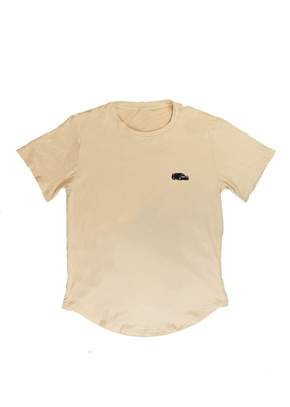 A khaki Mercedes-Benz t-shirt for men. Photo is the front view of the shirt with an embroidered black W201 190E 2.5-16 Evo II. Fabric composition is a polyester, and cotton mix. The material is very soft, stretchy, non-transparent. The style of this shirt is short sleeve, with a crewneck neckline.