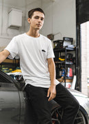 Model wearing pizzabrand black Mercedes-Benz W201 190E Evo II t-shirt in white.