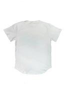 A white Mercedes-Benz t-shirt for men. Photo is the back view of the shirt with an embroidered black W201 190E 2.5-16 Evo II. Fabric composition is a polyester, and cotton mix. The material is very soft, stretchy, non-transparent. The style of this shirt is short sleeve, with a crewneck neckline.