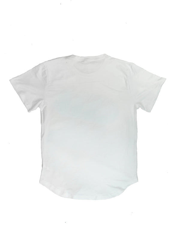 A white Mercedes-Benz t-shirt for men. Photo is the back view of the shirt with an embroidered black W201 190E 2.5-16 Evo II. Fabric composition is a polyester, and cotton mix. The material is very soft, stretchy, non-transparent. The style of this shirt is short sleeve, with a crewneck neckline.
