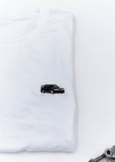 A white Mercedes-Benz t-shirt for men. Photo is a close up view of the shirt with an embroidered black W201 190E 2.5-16 Evo II. Fabric composition is a polyester, and cotton mix. The material is very soft, stretchy, non-transparent. The style of this shirt is short sleeve, with a crewneck neckline.