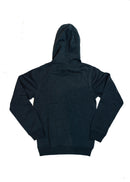A navy blue unisex hoodie for men and women. Full size view of the back side of a dark blue sweater with a white, silver, and carbon fiber embroidered GT2 RS. Fabric composition is cotton, polyester, and rayon. The material is very soft, stretchy, and non-transparent. The style of this hoodie is long sleeve, crewneck with a hood, hooded, with embroidery on the left chest.