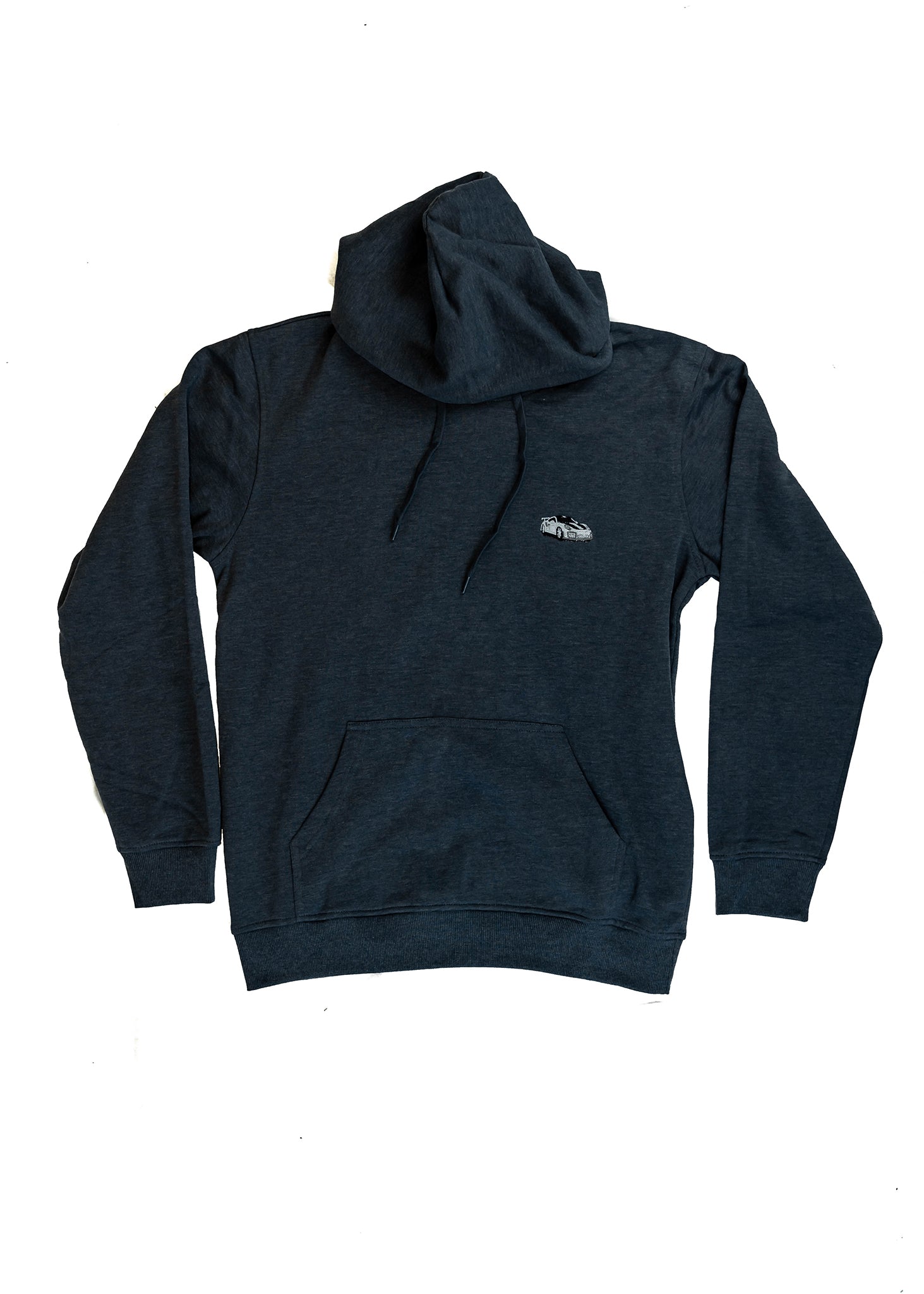 A navy blue unisex hoodie for men and women. Full size front view of the dark blue sweater with an embroidered white, silver, carbon fiber GT2 RS on the left chest. Fabric composition is cotton, polyester, and rayon. The material is very soft, stretchy, and non-transparent. The style of this hoodie is long sleeve, crewneck with a hood, hooded, with embroidery on the left chest.