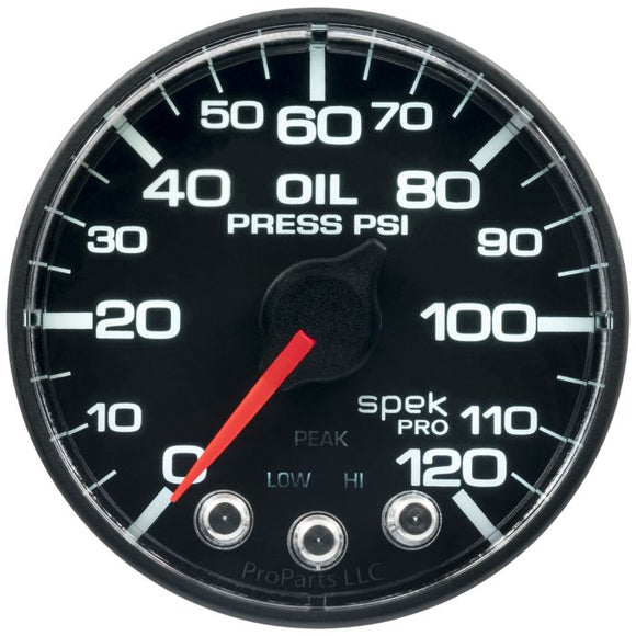 2-1/16" OIL PRESSURE, 0-120 PSI, STEPPER MOTOR, SPEK-PRO, NO O-RING, BLACK DIAL, BLACK BEZEL, CLEAR LENS