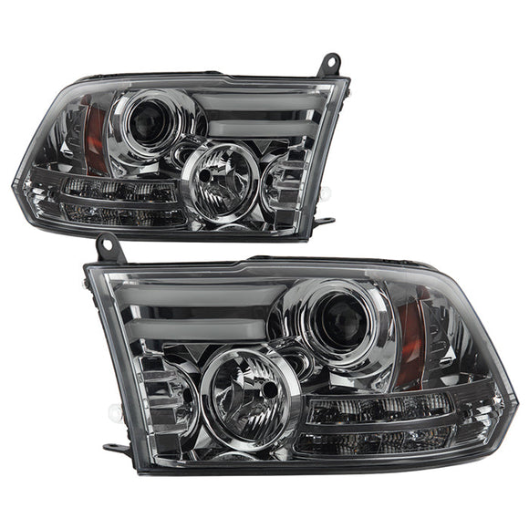 Spyder Dodge Ram 13-15 Projector Headlights Light Bar DRL Smoke PRO-YD-DR13-LBDRL-SM