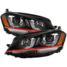 Spyder Volkswagen Golf VII 14-16 Projector Headlights DRL LED Red Stripe Blk PRO-YD-VG15-RED-DRL-BK