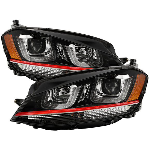 Spyder Volkswagen Golf VII 14-16 Projector Headlights DRL LED Red Stripe Blk PRO-YD-VG15-RED-DRL-BK