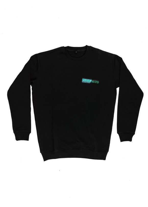 A black Park Auto Motorsports crewneck sweater for men. Photo is the front of the sweater with an embroidered logo. Fabric is composed of high quality 80% cotton, and 20% polyester and fits to size. The style is long sleeve, crew neck, and embroidery on left chest.