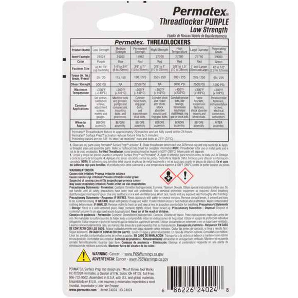 Permatex Purple Low Strength 222 Threadlocker, 6 ml