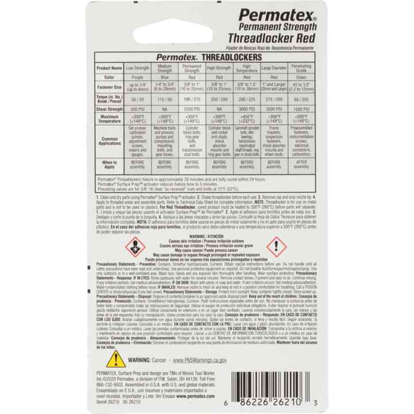 Permatex Red High Strength 262 Threadlocker, 10 ml