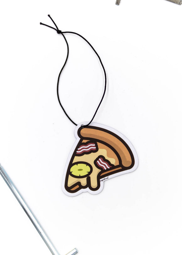 A pizzabrand pineapple and bacon pizza air freshener. Photo is a close up of the car air freshener with string.