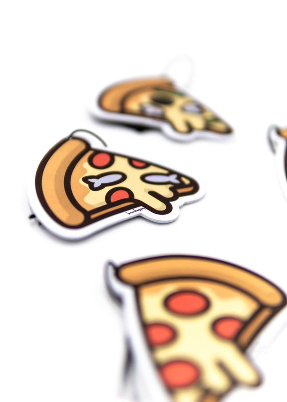 A pizzabrand pizza multipack sampler pack air fresheners. Photo is a close up of the car air freshener with string.