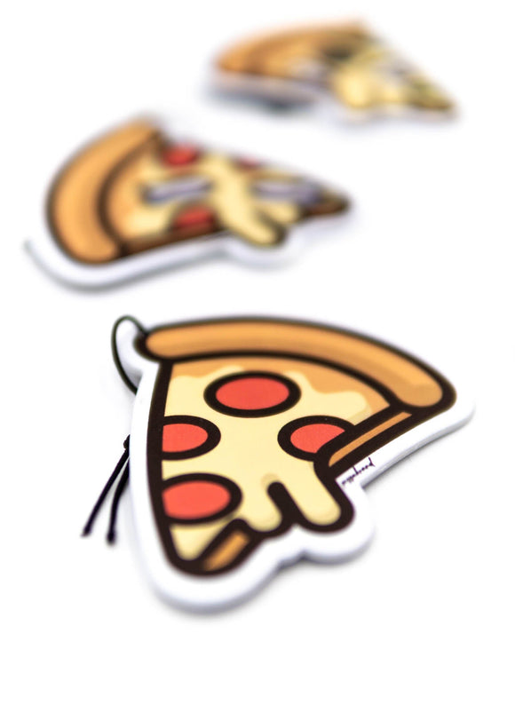 A pizzabrand pizza multipack sampler pack air fresheners. Photo is a close up of the car air freshener with string.