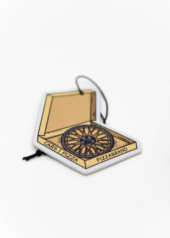 A pizzabrand pizza box with wheels multipack sampler pack air fresheners. Photo is a close up of the BBS LM wheel air freshener with string. 