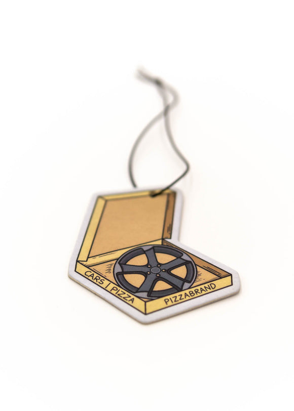 Car mirror air freshener of a pizza box with an Audi Rotor wheel inside.