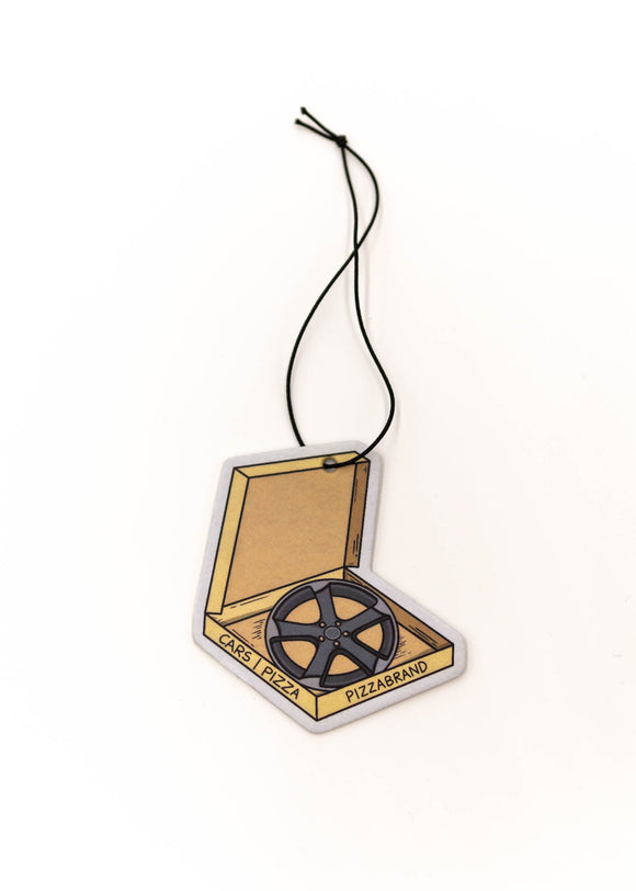 Car mirror air freshener of a pizza box with an Audi Rotor wheel inside.
