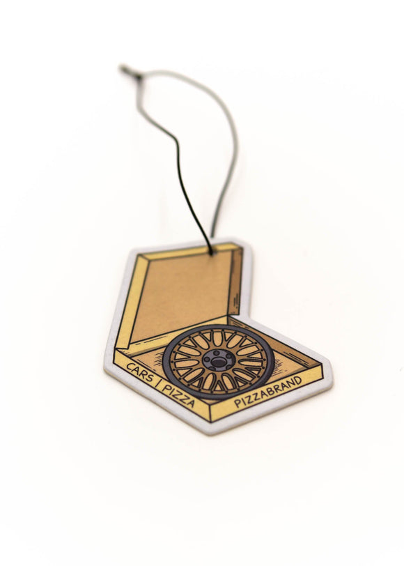 Car mirror air freshener of a pizza box with a BBS LM wheel inside.
